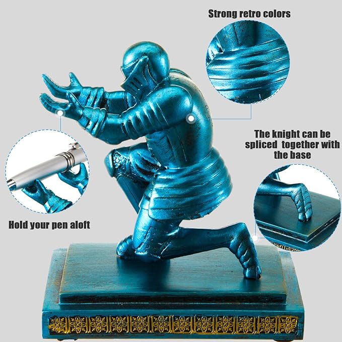 Spakon Knight Pen Holder with 2 Pens Resin Desk Organizers and Accessories Funny Executive Pen Stand Fancy Cool Office Gadgets Cool Desk Decorations for Men Home Supplies(Classic,Blue)-DeskLoop Office