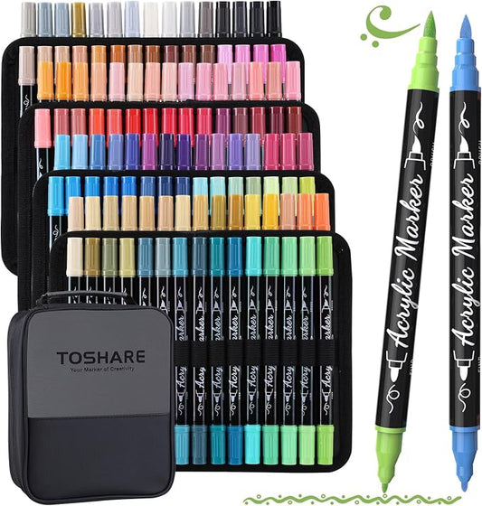 TOSHARE 120 Colors Acrylic Paint Markers, Brush & Fine Dual Tip Acrylic Paint by TOSHARE