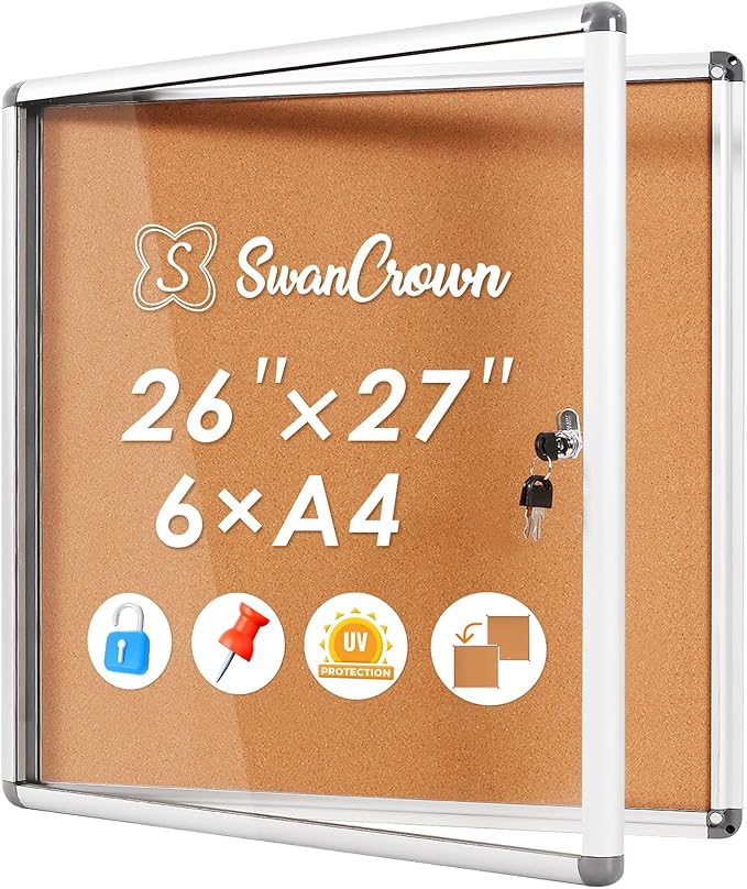 SWANCROWN Enclosed Cork Bulletin Boards Wall-Mounted Noticeboard Protective Display Case for Retail School Apartment 28x26 inch (6xA4)-DeskLoop Office