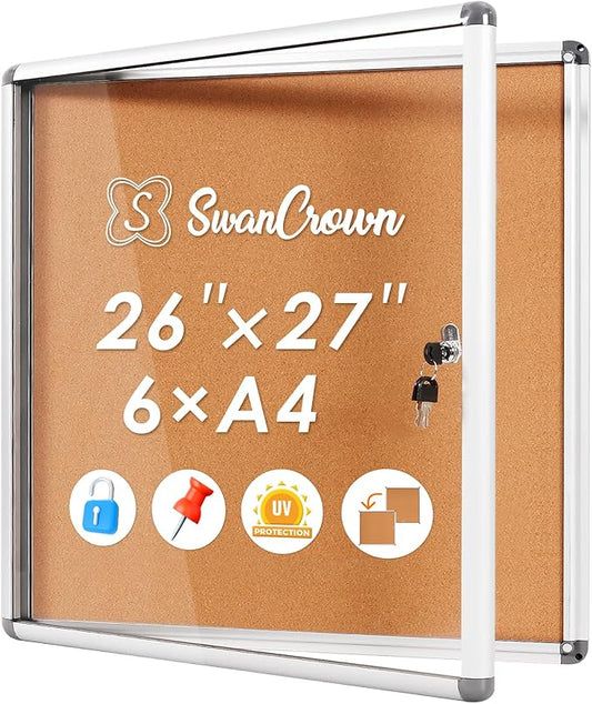 SWANCROWN Enclosed Cork Bulletin Boards Wall-Mounted Noticeboard Protective Display Case for Retail School Apartment 28x26 inch (6xA4)-DeskLoop Office