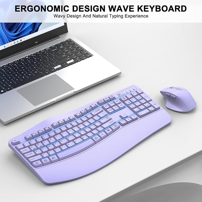 Wireless Keyboard and Mouse Combo, 2.4G Full Size Wave Keys Ergonomic Keyboard - Image 2