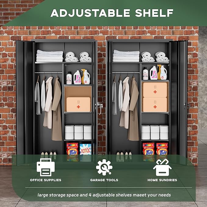 Greenvelly Metal Wardrobe Cabinet with Locking Doors, 72"H Black Metal Wardrobe Closet with Hanging Rods and Adjustable Shelves, Clothing Storage Closet for Home, Office, Employee, Gym (18" D x 36” W)-DeskLoop Office