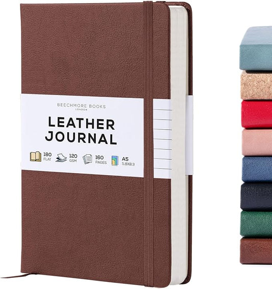 BEECHMORE BOOKS Lined Journal Notebook, 5.8 x 8.3 inch, A5 160 Lined Pages, Hardcover Leather Journals for Women, Men, Writing and Notebooks for Work - 120 GSM Thick Paper, Gifts Box Included (Chestnut Brown)
