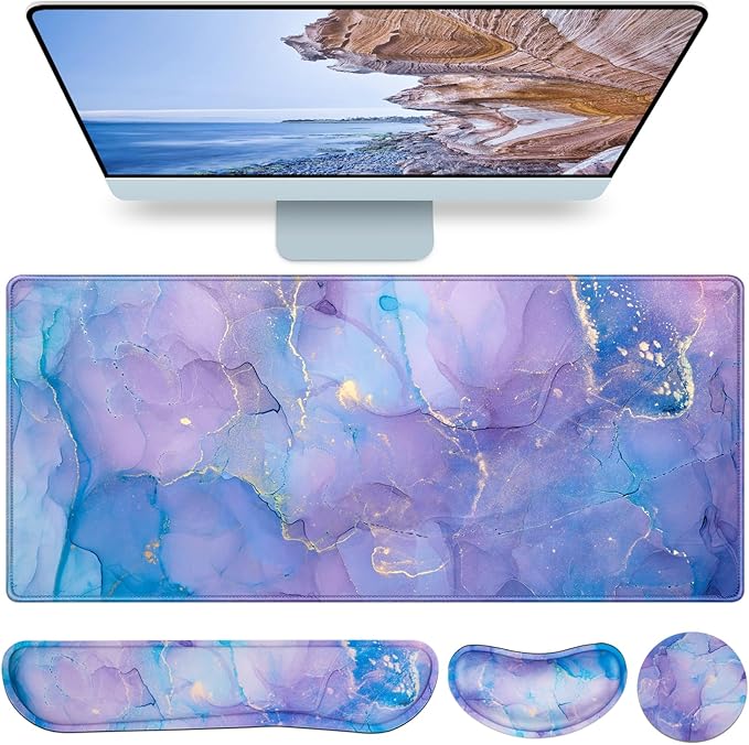 4-in-1 Mouse Pad with Wrist Rest Set Purple, 35.4×15.7in Large Gaming Mouse by QOMOLAMA