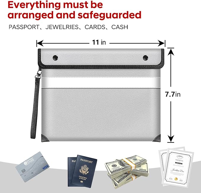 Fireproof Money Bag for Cash,Fireproof Document Bag 5200°F Heat Insulated,Safe Fireproof Storage Pouch with Zipper,8 Layers of Heat Insulated Materials,11 x 7.7 inch(Silvery)-DeskLoop Office