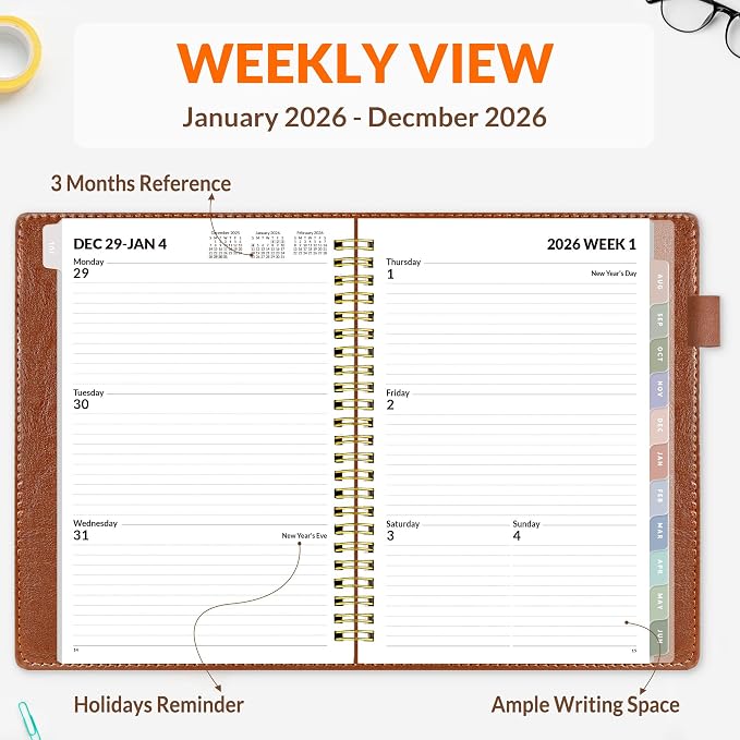 SUNEE 2026 Weekly & Monthly Planner 6.4"x8.5"- 12 Month, Vegan Leather Cover - Image 3