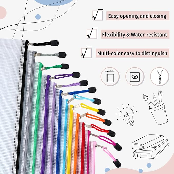 EOOUT 72pcs Mesh Zipper Pouch, A4 Size, 12 Colors Zipper Bags - Image 3