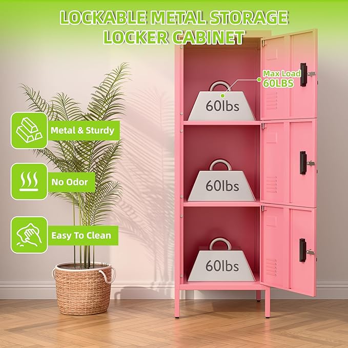 Aobabo 16" W 3 Door Metal Storage Locker with Lock, 47" H Steel Locker with Name Card Holder and Metal Leg for School, Home, Office, Playroom, Assembly Required, Pink-DeskLoop Office