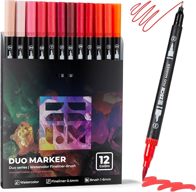 ZSCM Red Duo Tip Marker Pens, 12 Pack Fine & Brush Markers by ZSCM