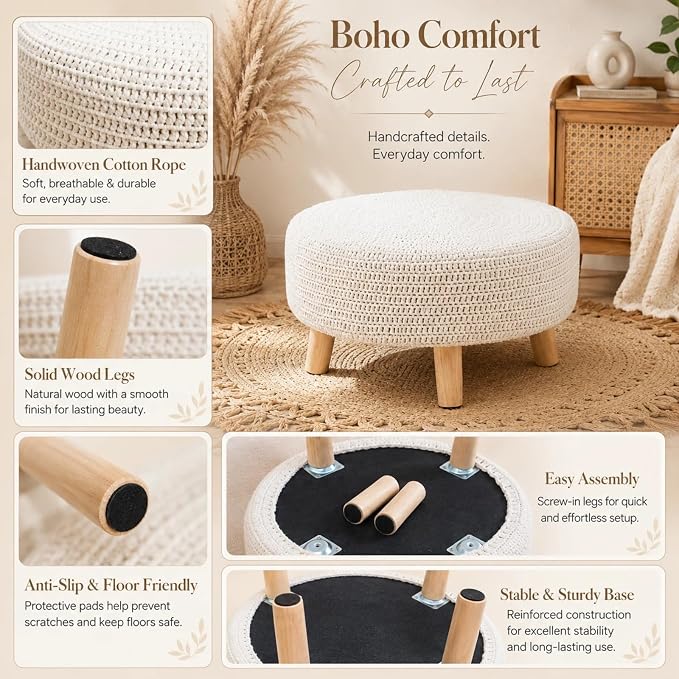 Wimarsbon Pouf Ottoman, 100% Cotton Knitted Boho Footstool, Round Footrest - Image 7