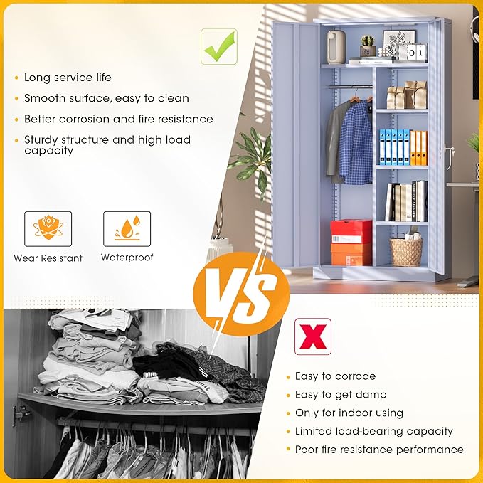 Greenvelly Metal Storage Wardrobe Cabinet with Lock, 72" Dark Grey Metal Wardrobe Closet for Hanging Clothes with Doors and Shelves, Modern Clothes Closet for Home, Office and Bedroom, School,Gym-DeskLoop Office