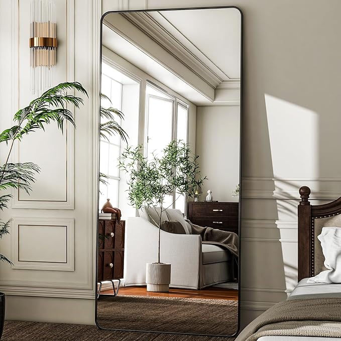HARRITPURE 71x32 inch Rounded Full Length Mirror Aluminum Frame Black Mirror Full Length Floor Mirror with Stand for Living Room Bedroom Cloakroom-DeskLoop Office