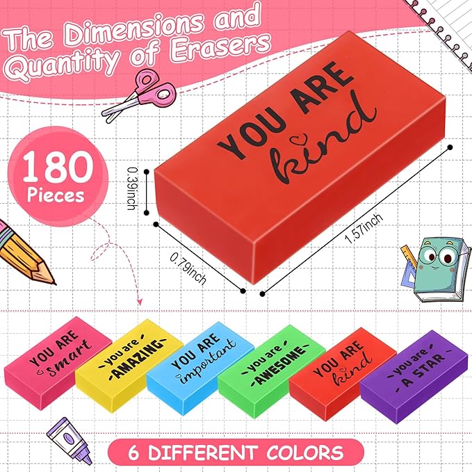180 Pcs Inspirational Erasers for Kids Christian Pencil Erasers Bulk, Back-to-School Gifts Motivational and Cute Supplies for Students Classrooms, Drawing (Multicolor,Motivational)-DeskLoop Office