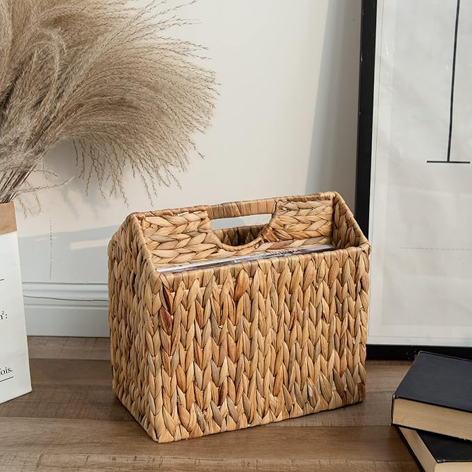 StorageWorks Hand-Woven Divided Magazine Basket, Rattan Magazine Holder, Natural Wicker Magazine Rack for Bathroom, Office, Water Hyacinth, 1 Pack-DeskLoop Office
