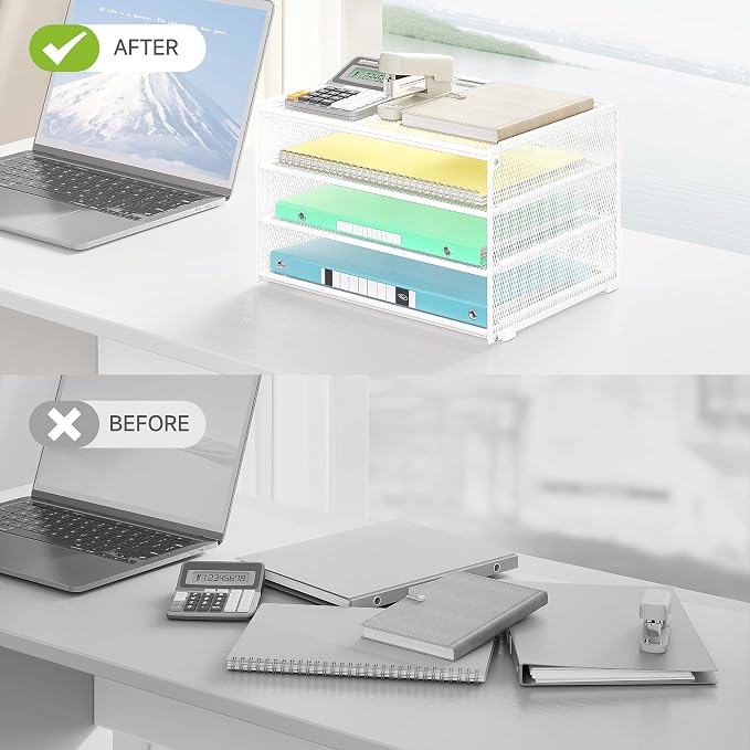 Lavatino 3-Tier Letter Tray Desk Paper Organizer – White Mesh Metal File Tray - Image 2