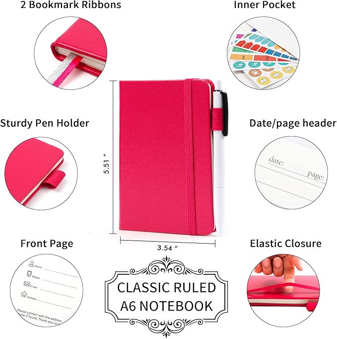 feela 15 Pack Pocket Small Notebooks Bulk, Mini Cute Memo Notepads Hardcover College Ruled Lined Journals with Pen Holder for Women Girls Office School, with 15 Black Pens, 3.5”x 5.5”, A6, Berry-DeskLoop Office