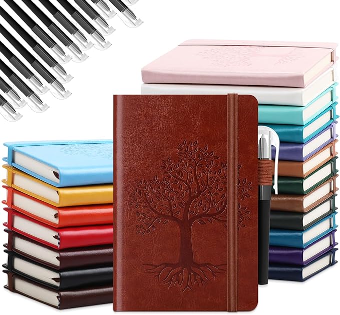 Estune Tree Small Notebooks Pen Leather Lined Pocket Subject Notebooks Hardcover Pocket Notepad Cute Ruled Leather Journals with Pen Holder for Men Women School Business, A6(Stylish Color,20 Set)-DeskLoop Office
