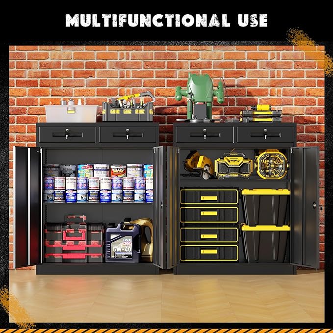 Greenvelly Metal Storage Cabinet with Drawers, 36' Black Steel Garage & Office Storage with Doors and Adjustable Shelves, Locking Metal Tool Cabinet-DeskLoop Office