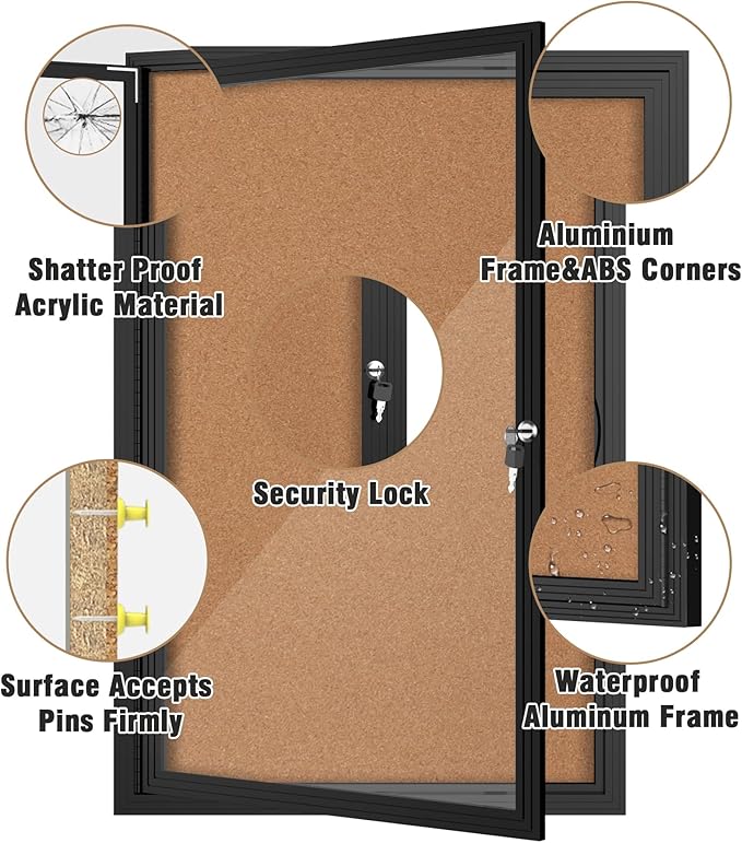 36"x24" Enclosed Bulletin Board, Outdoor Lockable Weather-Resistant Aluminum Cork Noticeboard for School & Office Hospital, Black Frame w/Cork-DeskLoop Office