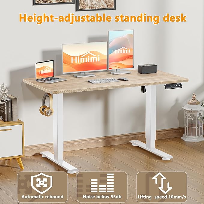 Himimi Electric Standing Desk 55 x 24 inch for Home Office,Sit-Stand Adjustable Desk with Memory Presets,Height Adjustable Desk for Gaming/Working,Free Hook, Lockable Wheels,Mouse Pad,Oak-DeskLoop Office