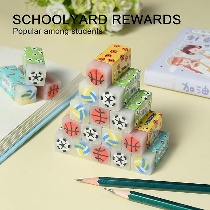 18Pcs Cute Sports Ball Erasers for Kids Bulk, Fun Basketball Soccer Volleyball Pencil Jelly Erasers for School Classroom Supplies Prize Gifts Party Favors-DeskLoop Office