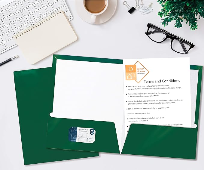 Better Office Products 2 Pocket Glossy Laminated Dark Green Paper Folders - Image 3
