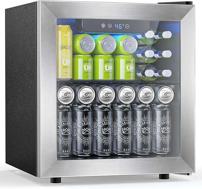 48 Can Beverage Refrigerator,12 Bottle Wine Cooler with Stainless Steel Glass Door, Digital Temperature Display, Countertop Mini Fridge for Soda, Wine or Beer, Silver-DeskLoop Office