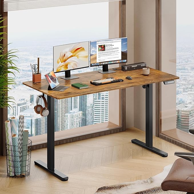DEVAISE 55 Inch Electric Standing Desk, 3 Adjustable Height Stand up Desk for Home Office, Ergonomic Sit to Stand Desk with LED Touchscreen, Hook, 3 Memory Preset Computer Desk (Rustic Brown)-DeskLoop Office