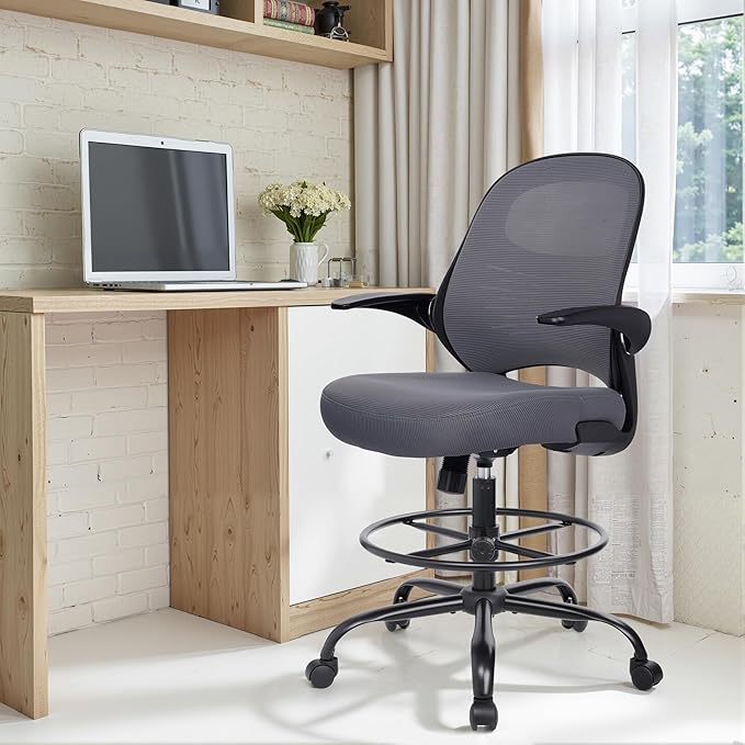 HYLONE Tall Drafting Chair Standing Desk Chair with Flip-Up Armrests, Adjustable Height Ergonomic Office Chair with Footrest Ring - High Stool Chair for Standing Desk (Dark Grey)-DeskLoop Office