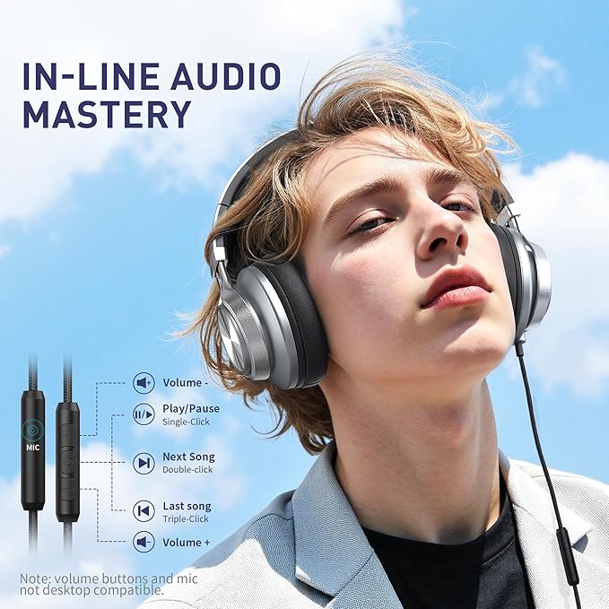 AILIHEN C90 Wired Headphones with Microphone Volume Control, Noise Reduction Over Ear Headphones Wired 3.5mm, Super Soft Corded Headphone for Cellphones, Tablet and Chromebook (Grey)