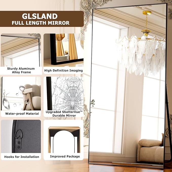 GLSLAND-38 x 77" Rectangular Full Length Mirror - Large Floor Mirrors Aluminum Alloy Frame Full Body Dressing Mirror for Bedroom, Living Room,Black-DeskLoop Office