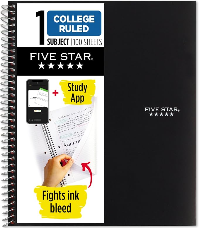 Five Star Spiral Notebook Plus Study App, 1 Subject, College Ruled Paper by FiveStar
