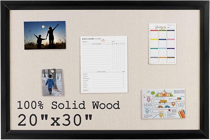 Bulletin Board Cork Board with Linen, 100% Wood Framed 30" x 20" Bulletin Board Decorations, Pin Boards for Walls, Wall Mounted Fabric Picture Board with 10 Pushpins for School, Home & Office, Black-DeskLoop Office