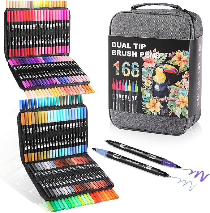 Double Brush Marker Pens, 168 Colors Art Markers Set with Fine Tip and Brush Tip for Kids Adult Coloring Book Hand Lettering Calligraphy Drawing Art Supplies Kit-DeskLoop Office