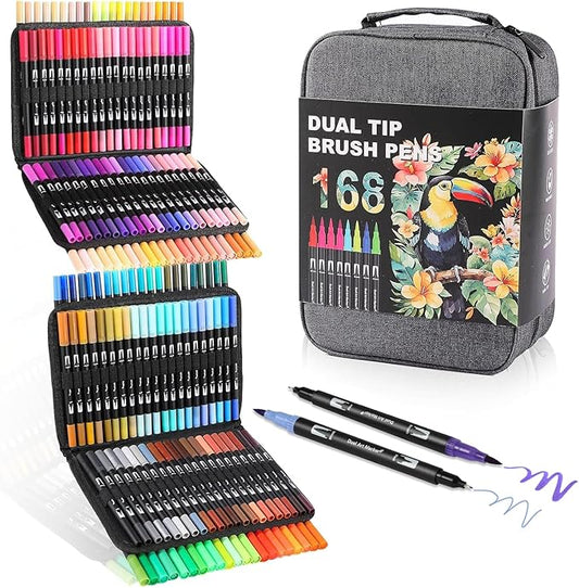 Double Brush Marker Pens, 168 Colors Art Markers Set with Fine Tip and Brush Tip for Kids Adult Coloring Book Hand Lettering Calligraphy Drawing Art Supplies Kit-DeskLoop Office