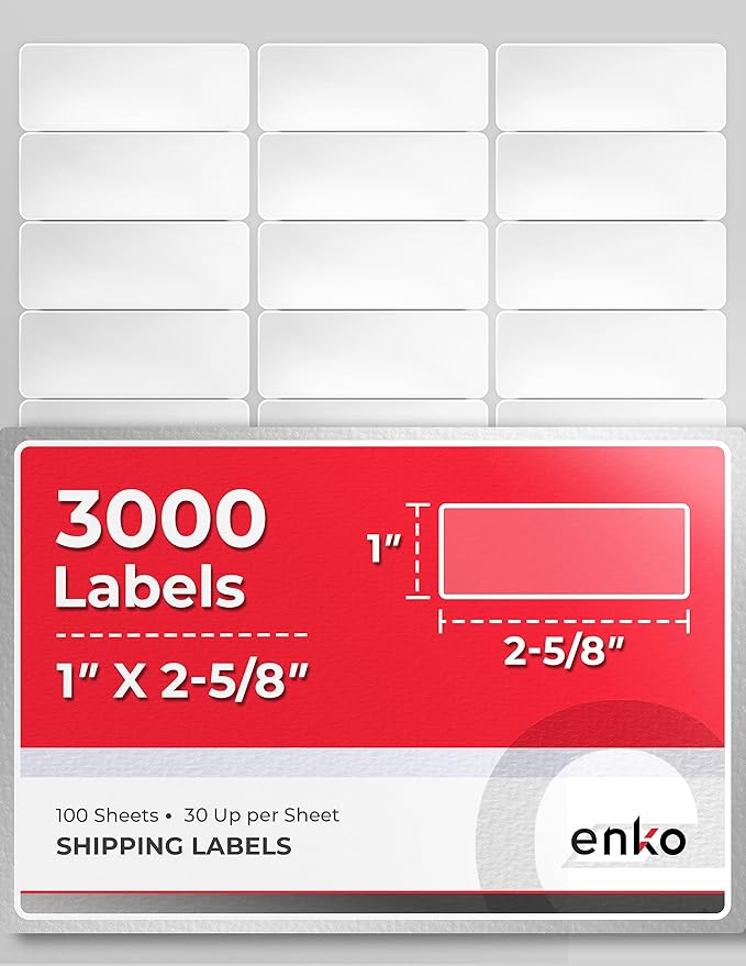 enKo 1 x 2-5/8 Inch 30 Up Return Mailing Address Labels White Printable FBA Labels (100 Sheets, 3000 Labels)-DeskLoop Office