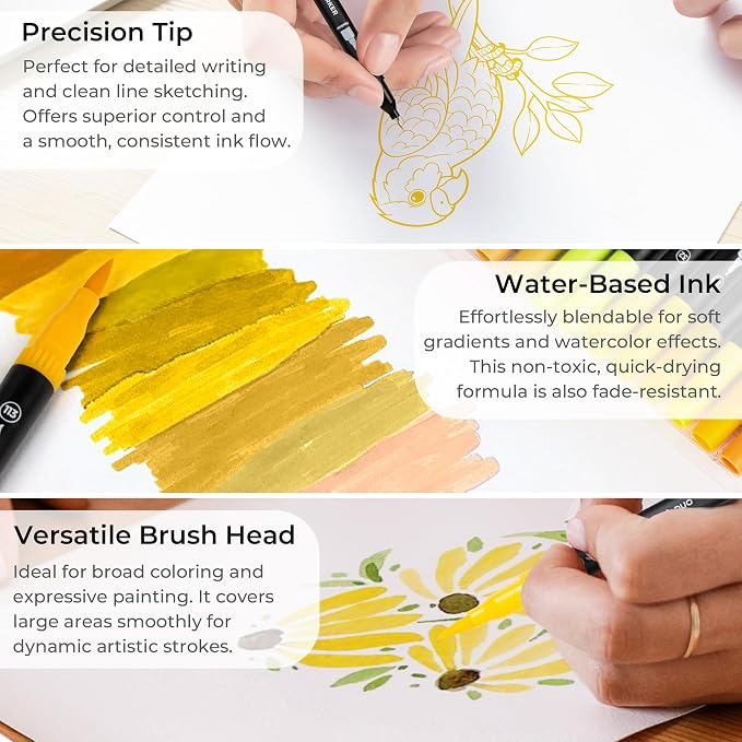 ZSCM Yellow Duo Tip Marker Pens, 12 Pack Fine & Brush Markers - Image 3