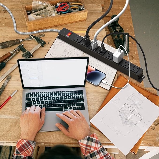 20 Amp Power Strip Heavy Duty, 12 Gauge Extension Cord for Appliance Workbench Garage Industrial, Metal 8 Outlets Combine with T-Plug Adapter 5-20R T-Slot, 1200J Surge Protector-DeskLoop Office