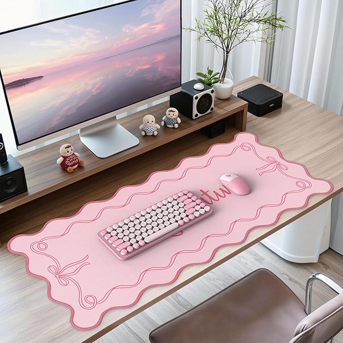 iCasso Pink Mouse Pad, Scalloped Desk Cover Mat, Leather Waterproof Desk Pad Mat by iCasso