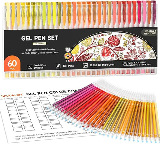 Shuttle Art 60 Pack Red Yellow Tone Gel Pens, 30 Red Orange Yellow Gel Pens with 30 Refills for Adults Coloring Books Journaling Drawing Nature, Landscapes, Animals Scenes-DeskLoop Office