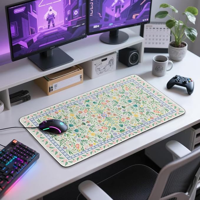 Green Floral Desk Mat, 31.5"x15.7" Large Mouse Pad, Anti-Slip Rubber Base - Image 10