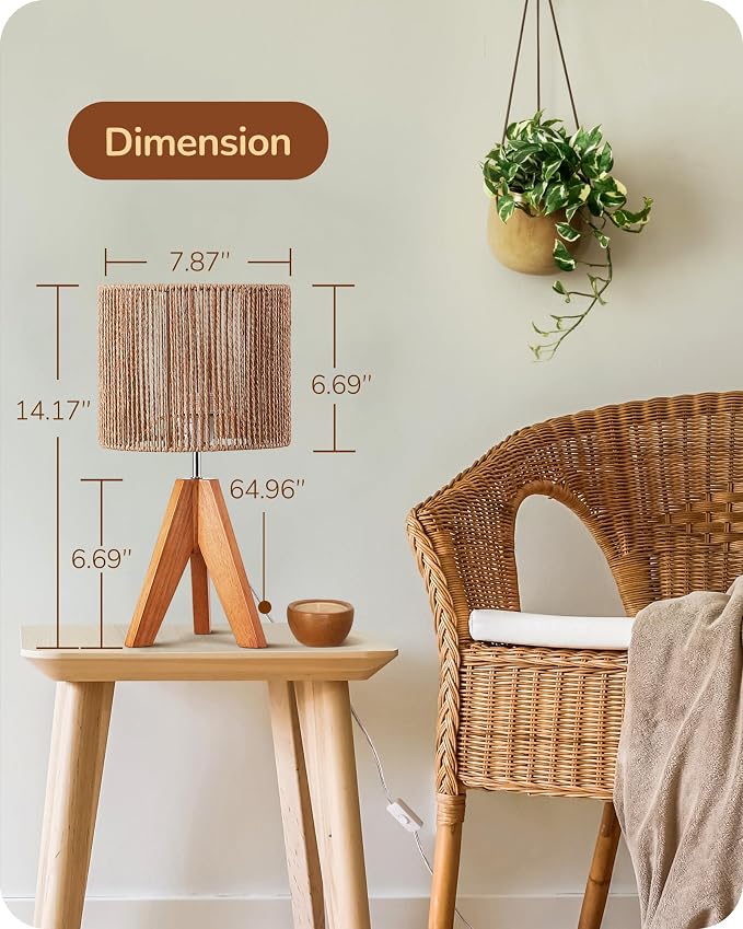 EDISHINE Small Rattan Table Lamp, Wood Tripod Bedside Lamp, Boho Nightstand Lamp - Image 5
