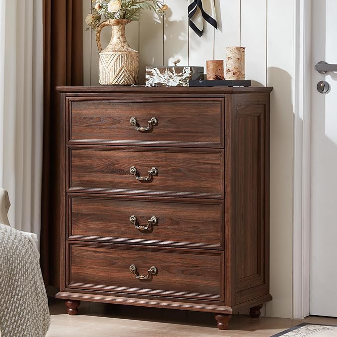 Farmhouse 4 Drawer Dresser for Bedroom, 37" Tall Rustic Chests of Drawers w/ 4 Solid Wood Feet, Mid Century Modern Wooden Closet Storage Dressers Organizer for Living Room, Hallway, Brown-DeskLoop Office