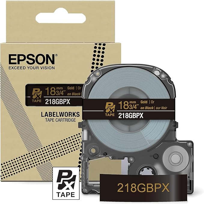 Epson LABELWORKS 218GBPX Genuine PET (Polyester) Tape Cartridge - Gold on Black Designer Craft Label Maker Tape - 3/4" (18MM) Wide, 30'-DeskLoop Office