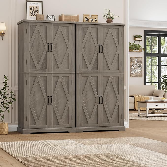 HOSTACK 64" Tall Pantry Cabinet, Modern Farmhouse Kitchen Pantry, Wood Bathroom Storage Cabinet, Large Bookcase, 4 Doors|Adjustable Shelves, for Dining Room, Living Room, Home Office, Ash Grey-DeskLoop Office