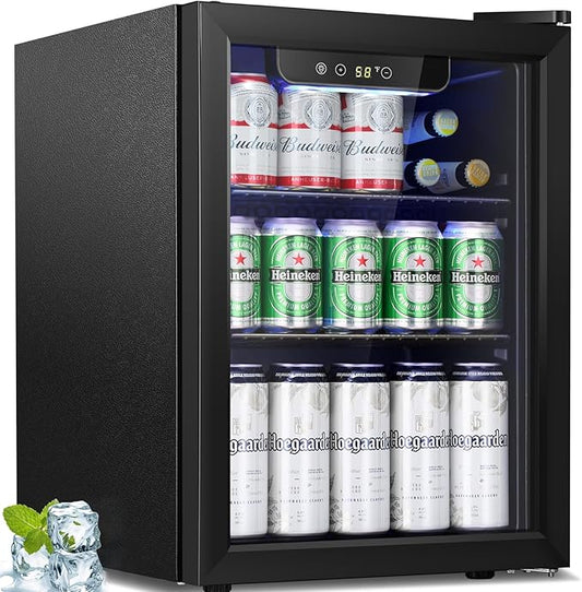 Antarctic Star Beverage Refrigerator Cooler-68 Can 16 Bottle Mini Fridge for Soda Beer Wine Champagne,Glass Door, Drink Dispenser, Knob Control,for Home and Bar,1.7Cu.Ft,Black-DeskLoop Office