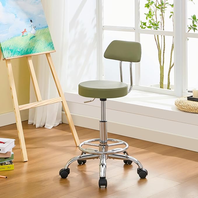 Height Adjustable Stool 19.5’’-26.6’’, Rolling Chair with Back and Footrest, Green Esthetician Stool Ergonomic (Green)-DeskLoop Office