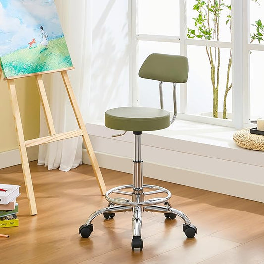 Height Adjustable Stool 19.5’’-26.6’’, Rolling Chair with Back and Footrest, Green Esthetician Stool Ergonomic (Green)-DeskLoop Office