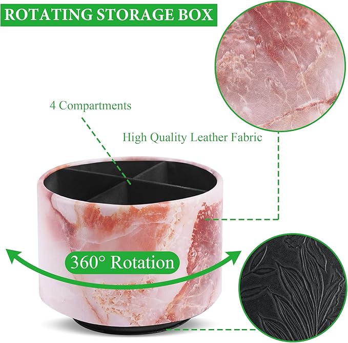 Round Leather Art Supply Organizer,Remote Control Holder,360-degree Rotating Pen Organizer with 4 Compartments(1-Marble Pink)-DeskLoop Office