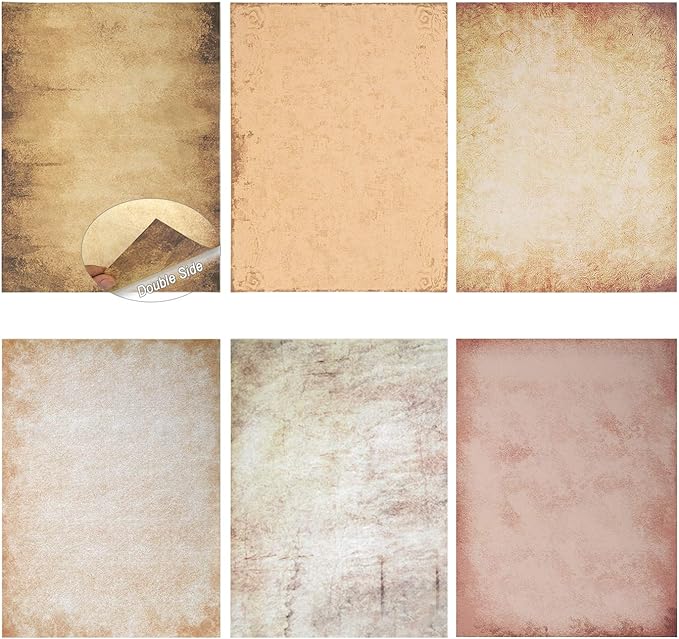 60 Sheets 6 Style Antique Stationary Paper, 8.3 x 11.2 inch A4 Size 100gsm Kraft Double-side Printable Old Aged Vintage Letter Writing Stationery Set for Classic Letters, Poems, Lyrics, Notes-DeskLoop Office